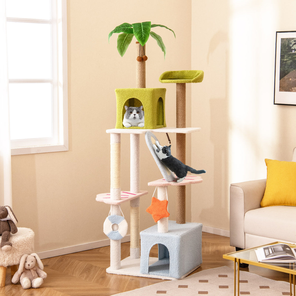 71 Inch Cat Tree Multi-Level Beach-Themed Kitten Tower - Multicolor Variation