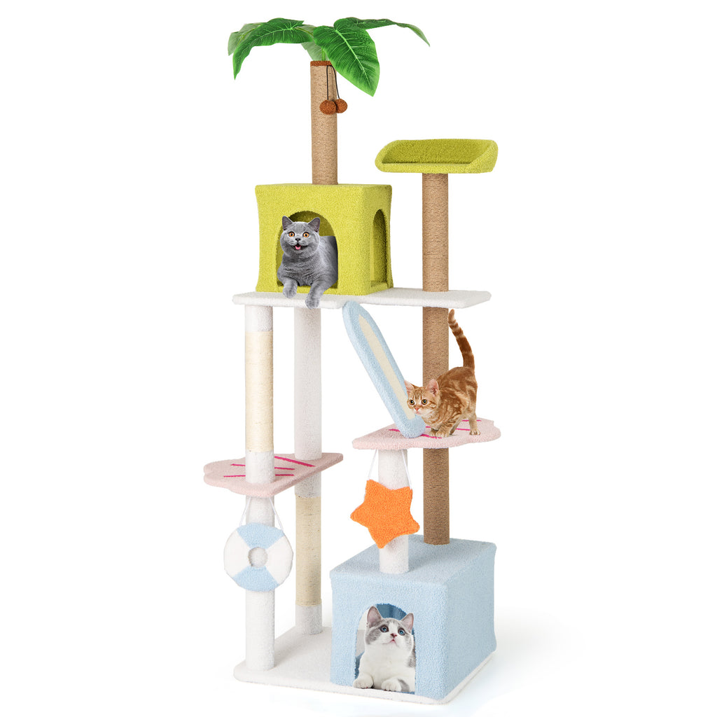 71 Inch Cat Tree Multi-Level Beach-Themed Kitten Tower - Multicolor Variation