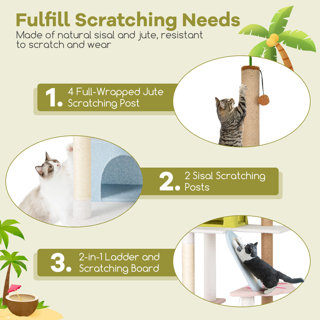 71 Inch Cat Tree Multi-Level Beach-Themed Kitten Tower - Multicolor Variation
