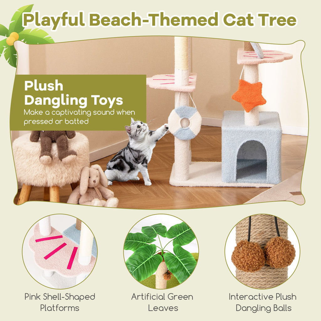 71 Inch Cat Tree Multi-Level Beach-Themed Kitten Tower - Multicolor Variation