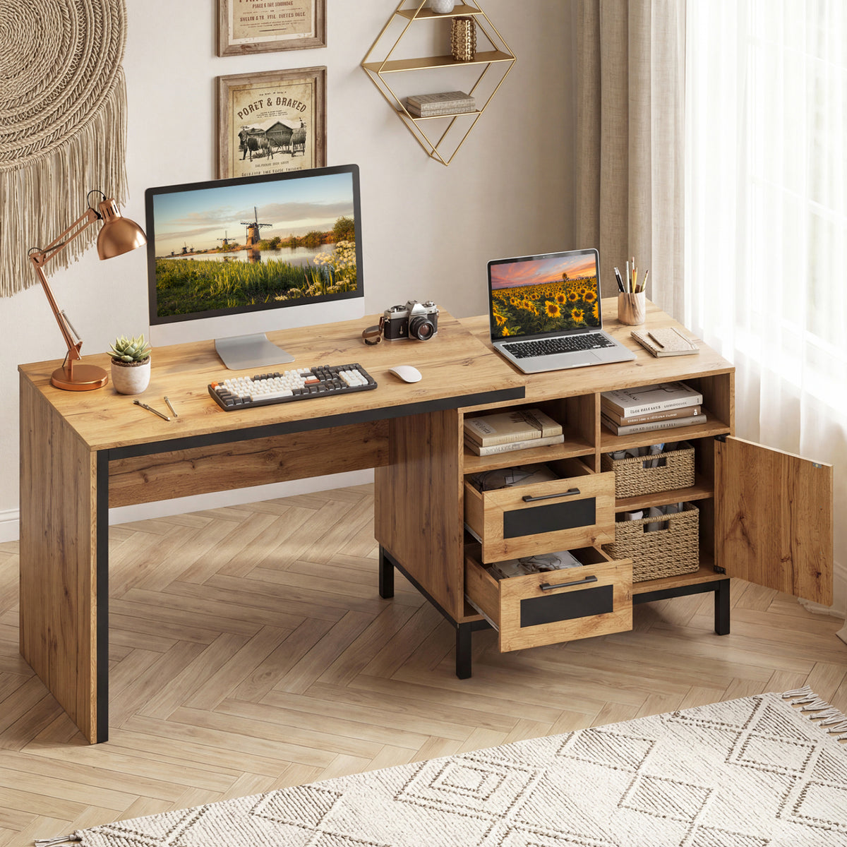 71-Inch Computer Table with Storage Drawers - Natural