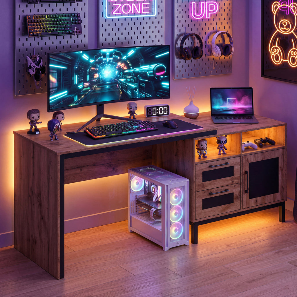 71-Inch Computer Table with Storage Drawers - Natural
