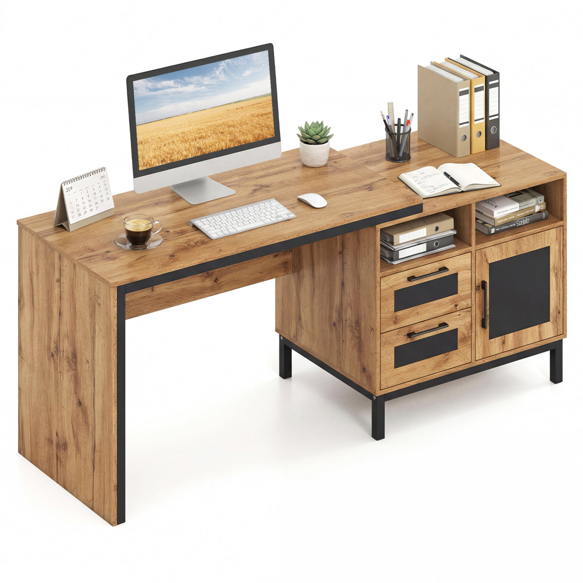 71-Inch Computer Table with Storage Drawers - Natural