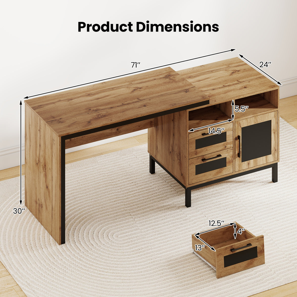 71-Inch Computer Table with Storage Drawers - Natural