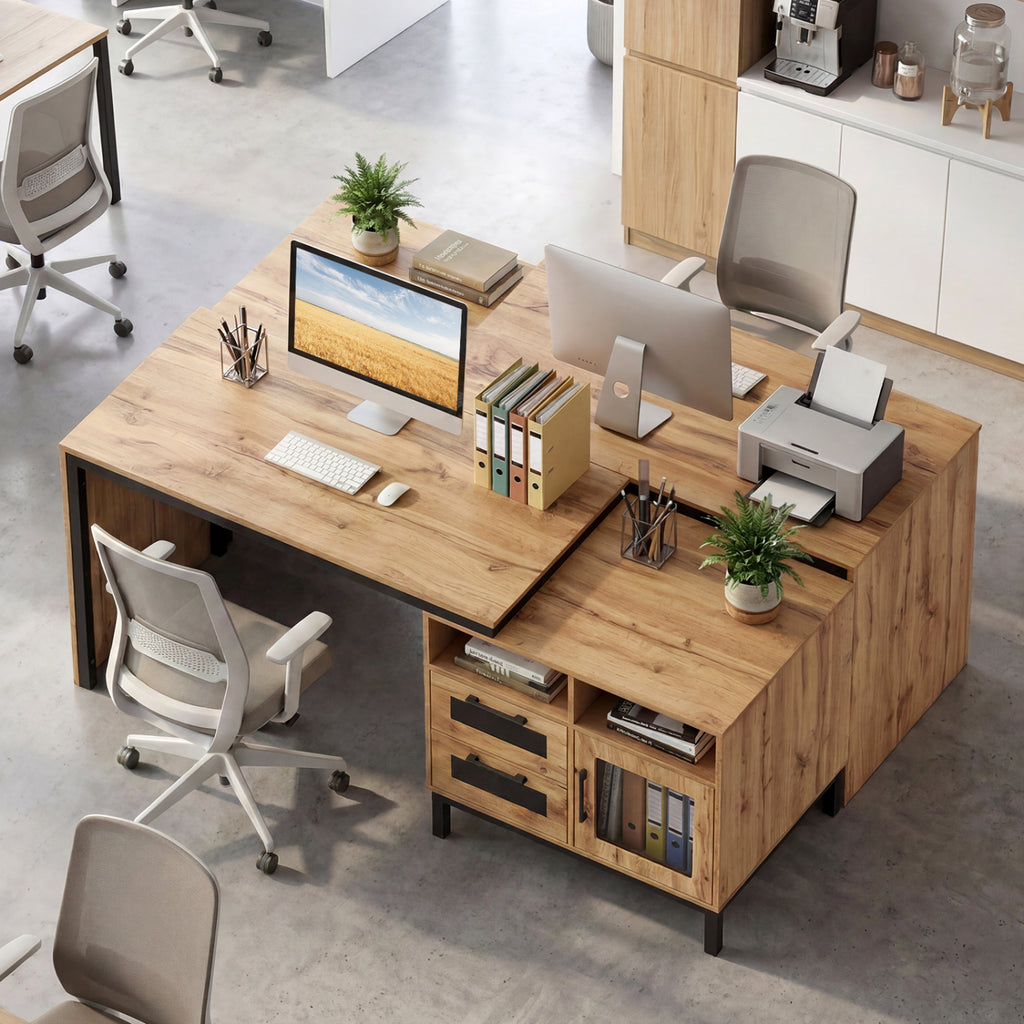71-Inch Computer Table with Storage Drawers - Natural