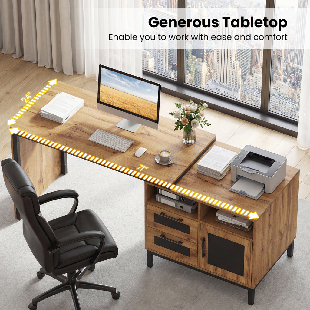 71-Inch Computer Table with Storage Drawers - Natural