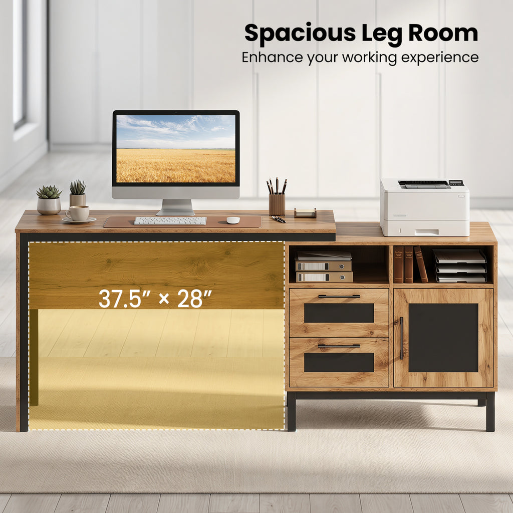 71-Inch Computer Table with Storage Drawers - Natural