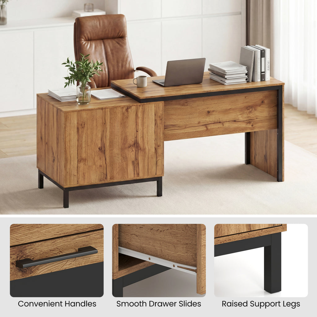 71-Inch Computer Table with Storage Drawers - Natural