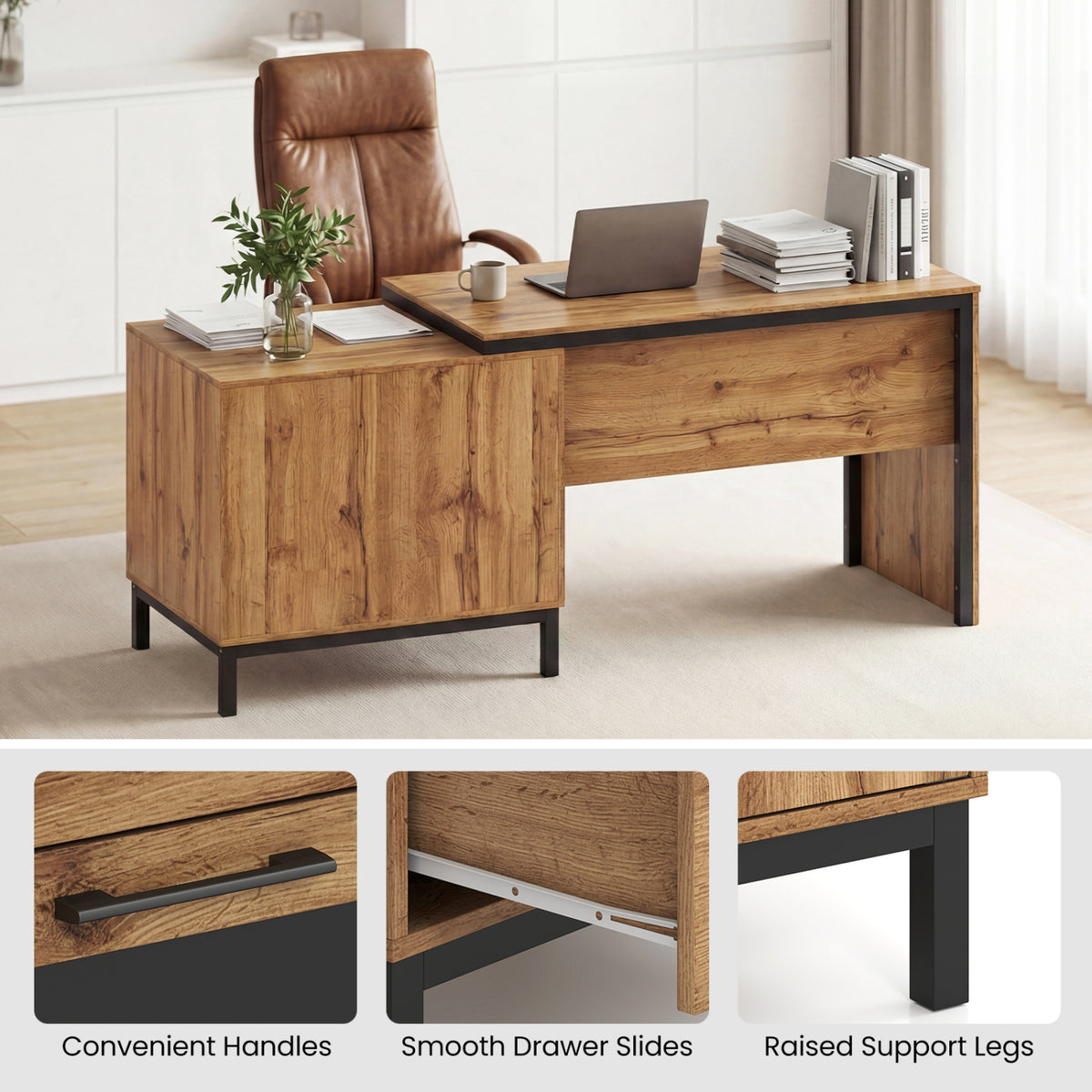 71-Inch Computer Table with Storage Drawers - Natural