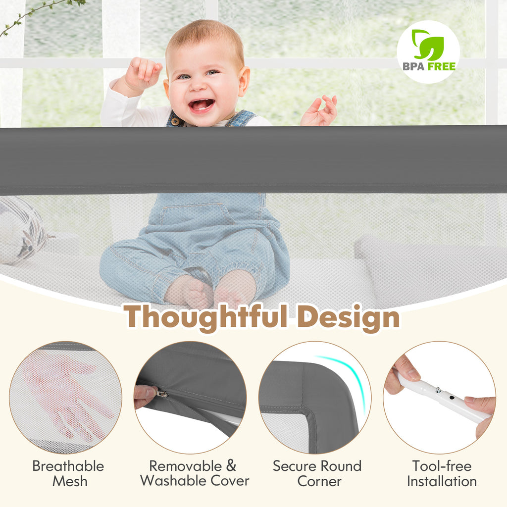 71 Inch Extra Long Bed Guardrail with Safety Straps - Gray, Kid Safe