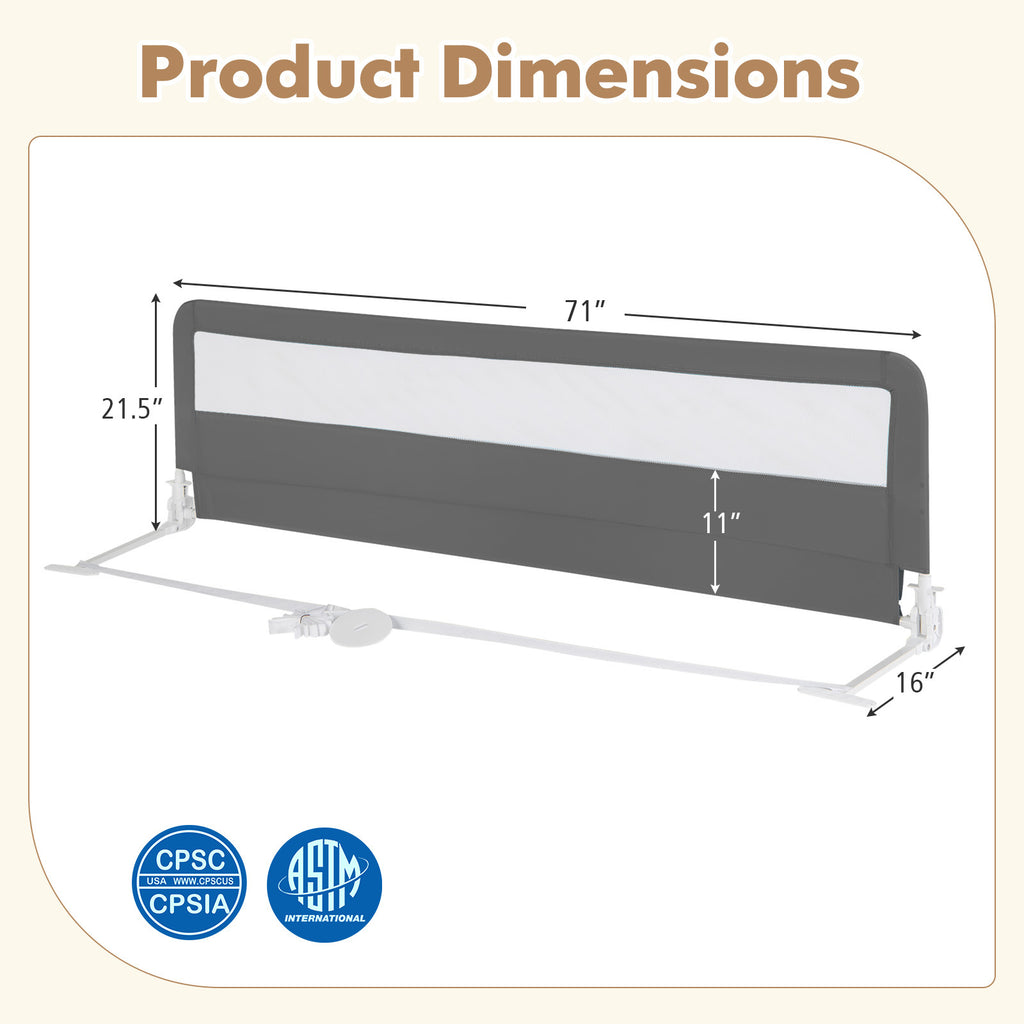 71 Inch Extra Long Bed Guardrail with Safety Straps - Gray, Kid Safe