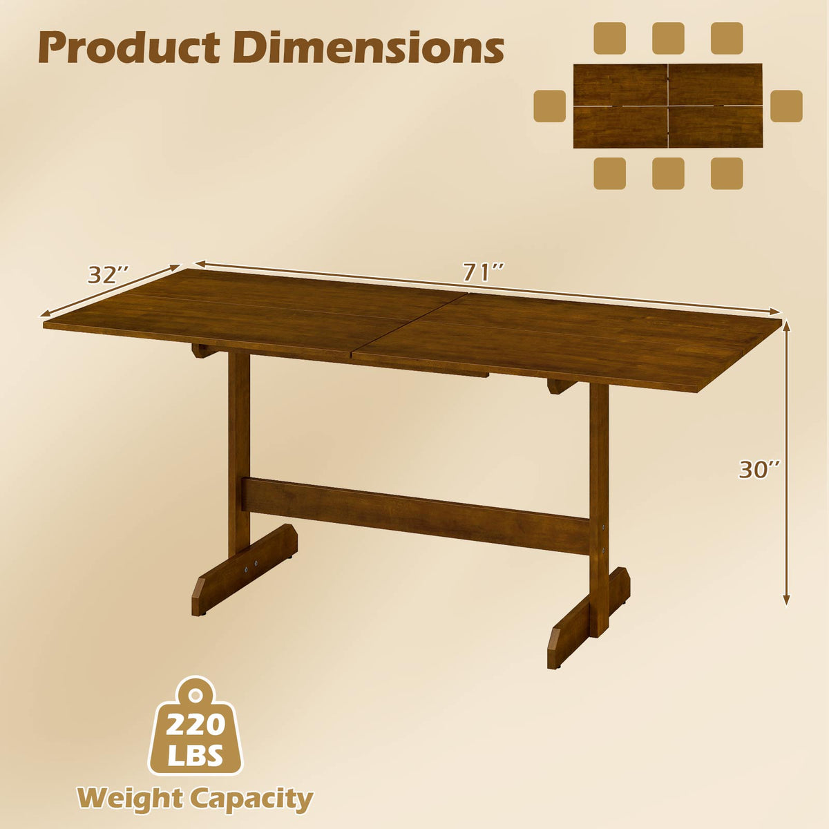 71-Inch Farmhouse Dining Table Seats 6-8, Walnut