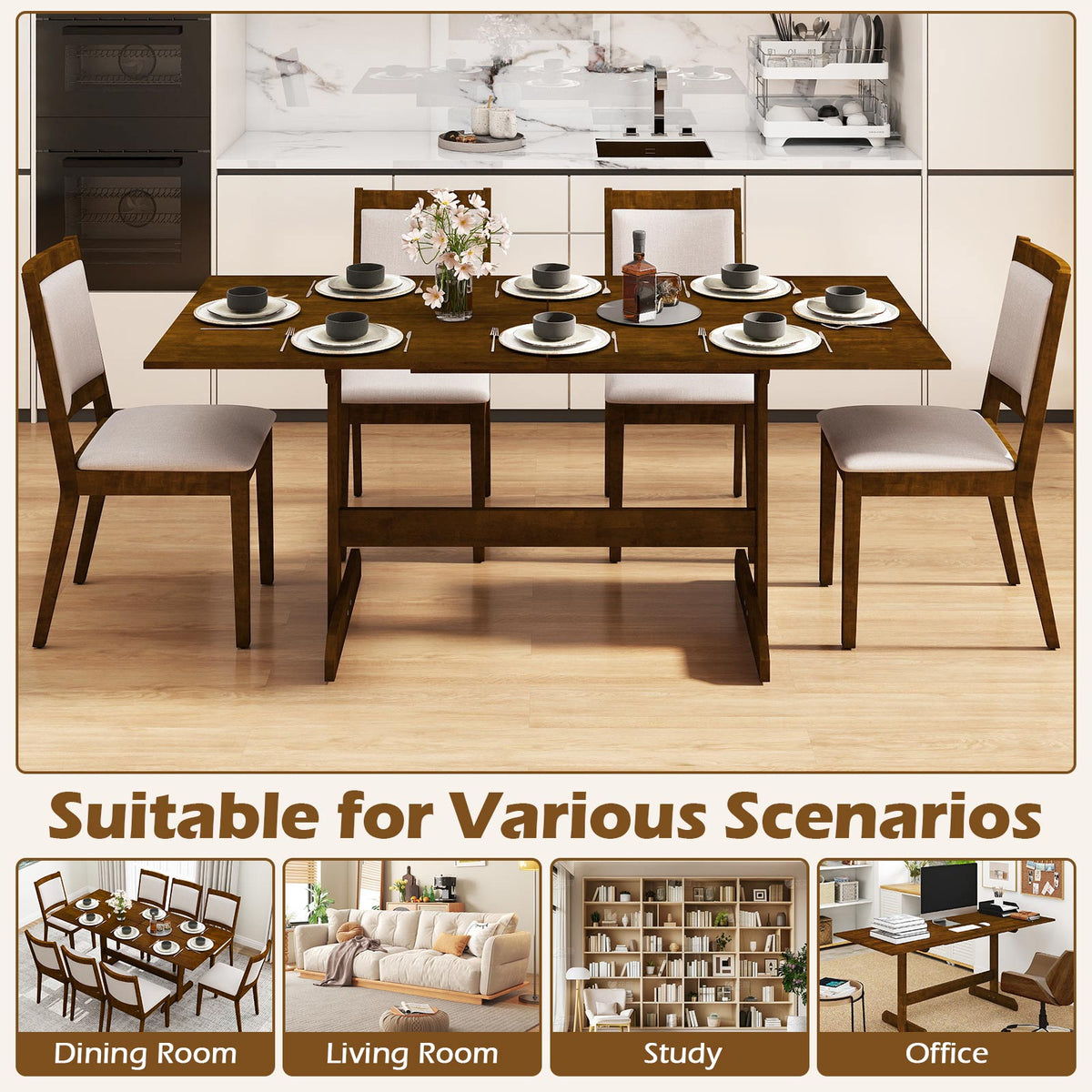 71-Inch Farmhouse Dining Table Seats 6-8, Walnut