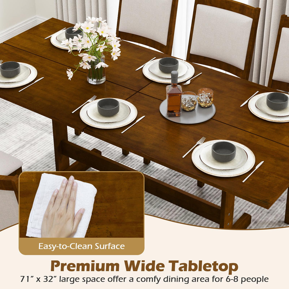 71-Inch Farmhouse Dining Table Seats 6-8, Walnut