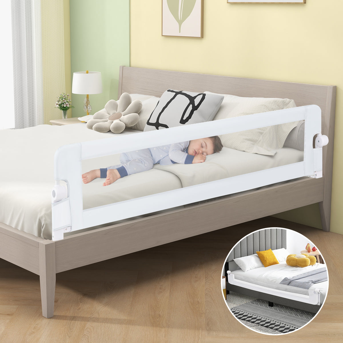 71-Inch Foldable Baby Bed Rail Guard with Adjustable Safety Strap - White