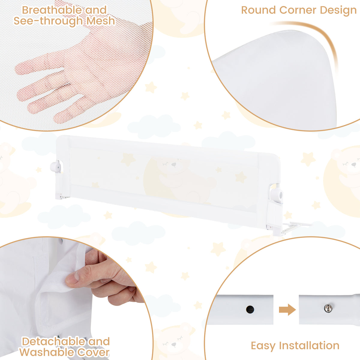 71-Inch Foldable Baby Bed Rail Guard with Adjustable Safety Strap - White