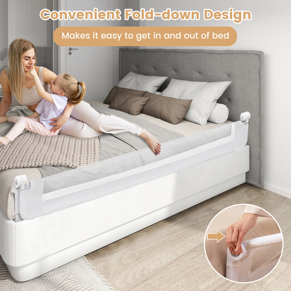 71-Inch Foldable Baby Bed Rail Guard with Adjustable Safety Strap - White
