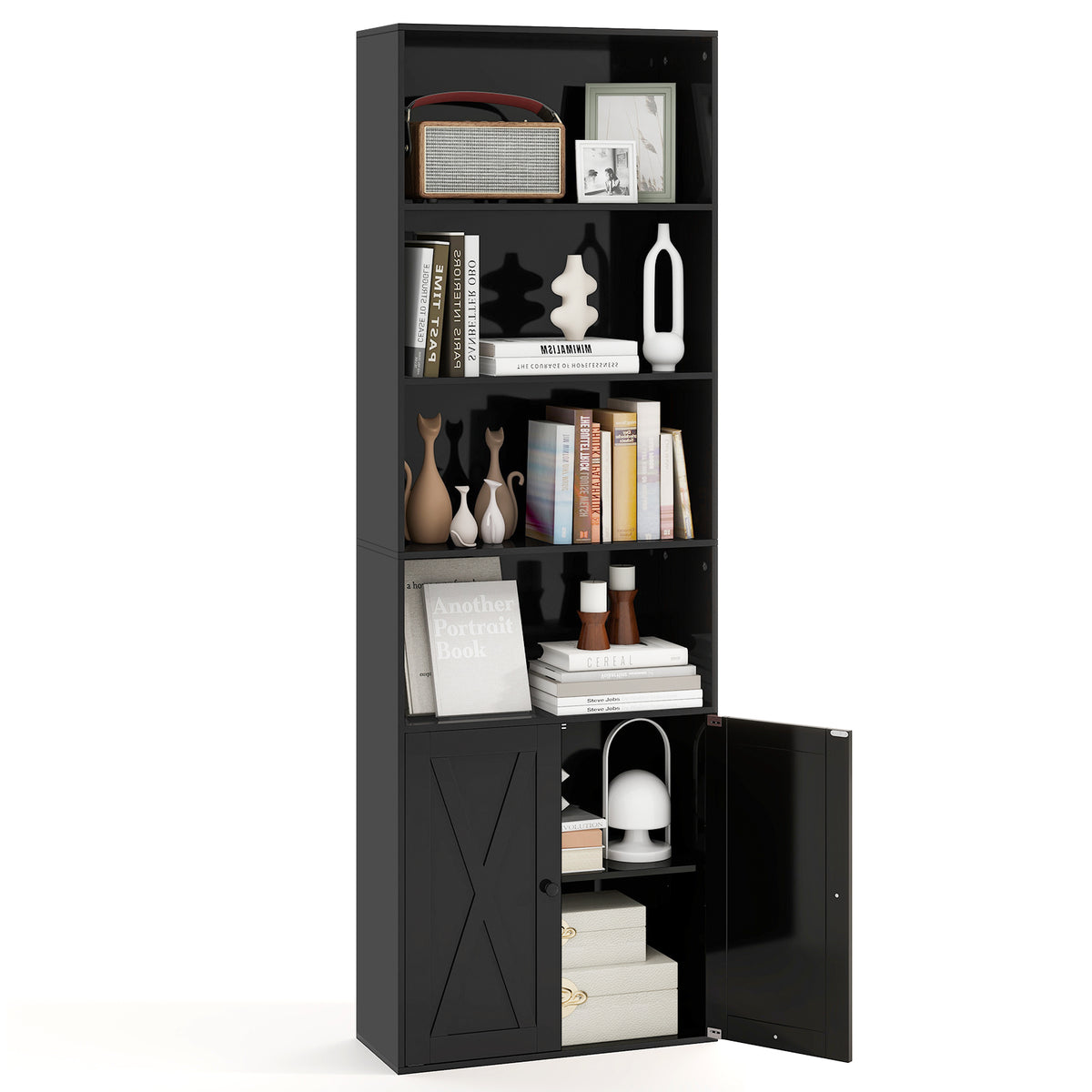 71 Inch Freestanding Bookshelf with 6 Shelves and 2-Door Cabinet