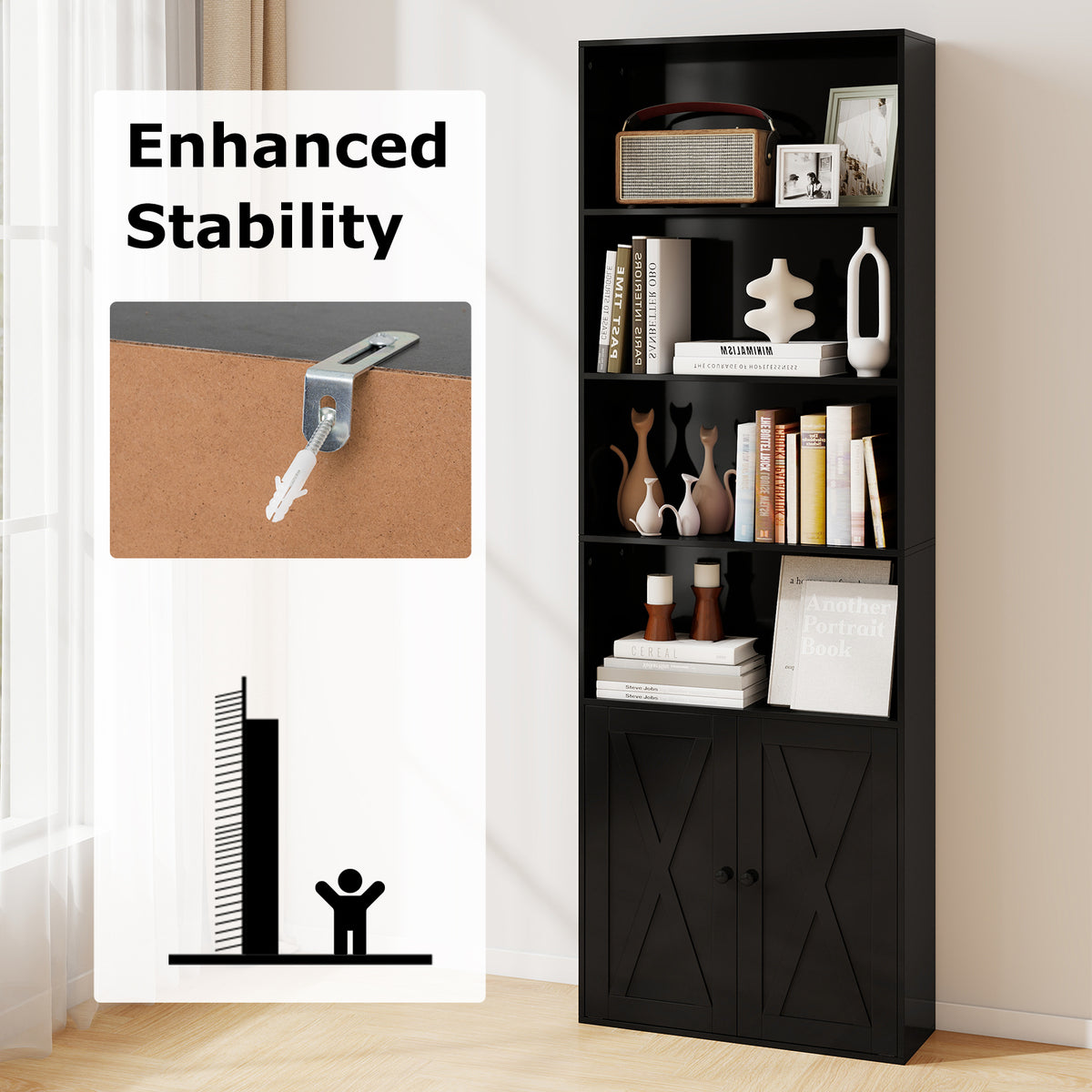 71 Inch Freestanding Bookshelf with 6 Shelves and 2-Door Cabinet