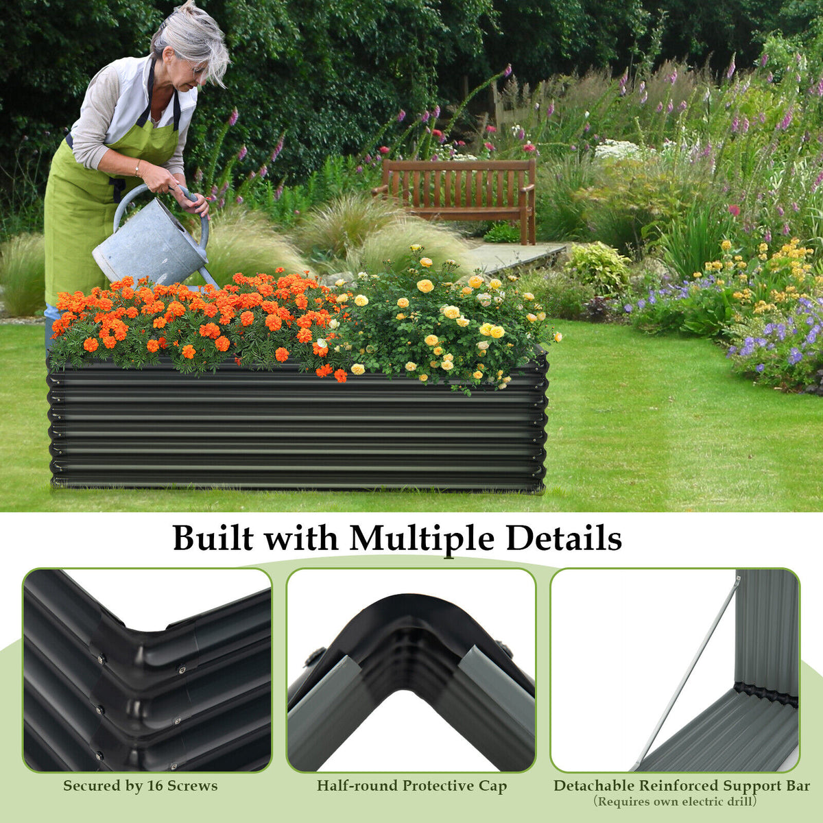 71 Inch Galvanized Raised Garden Bed, Dark Gray Rectangle