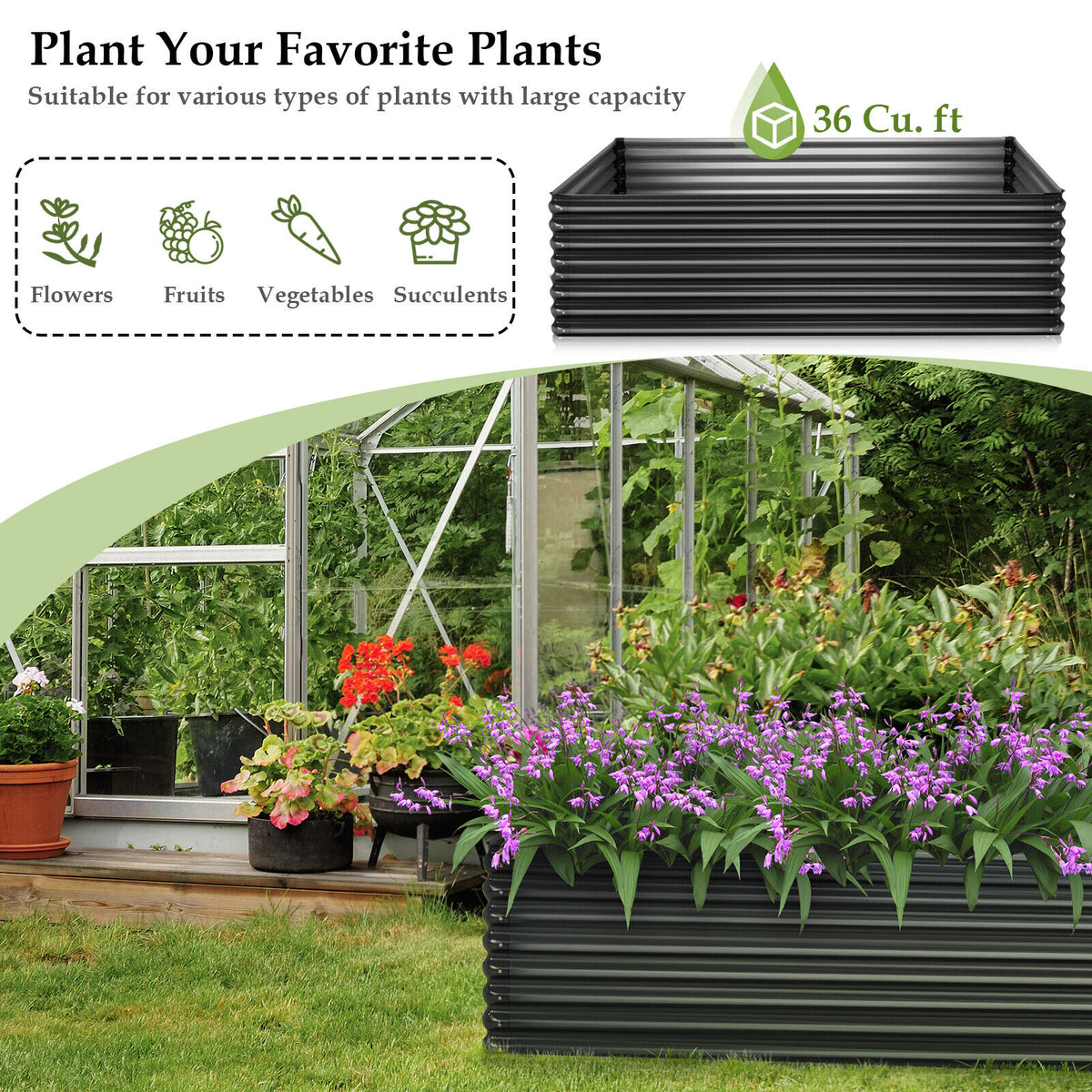 71 Inch Galvanized Raised Garden Bed, Dark Gray Rectangle