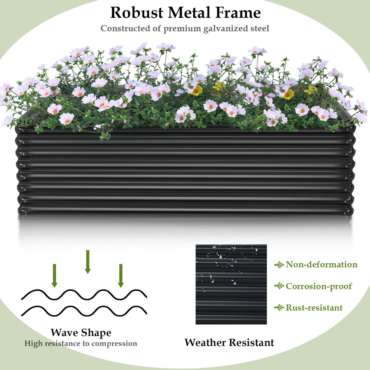 71 Inch Galvanized Raised Garden Bed, Dark Gray Rectangle