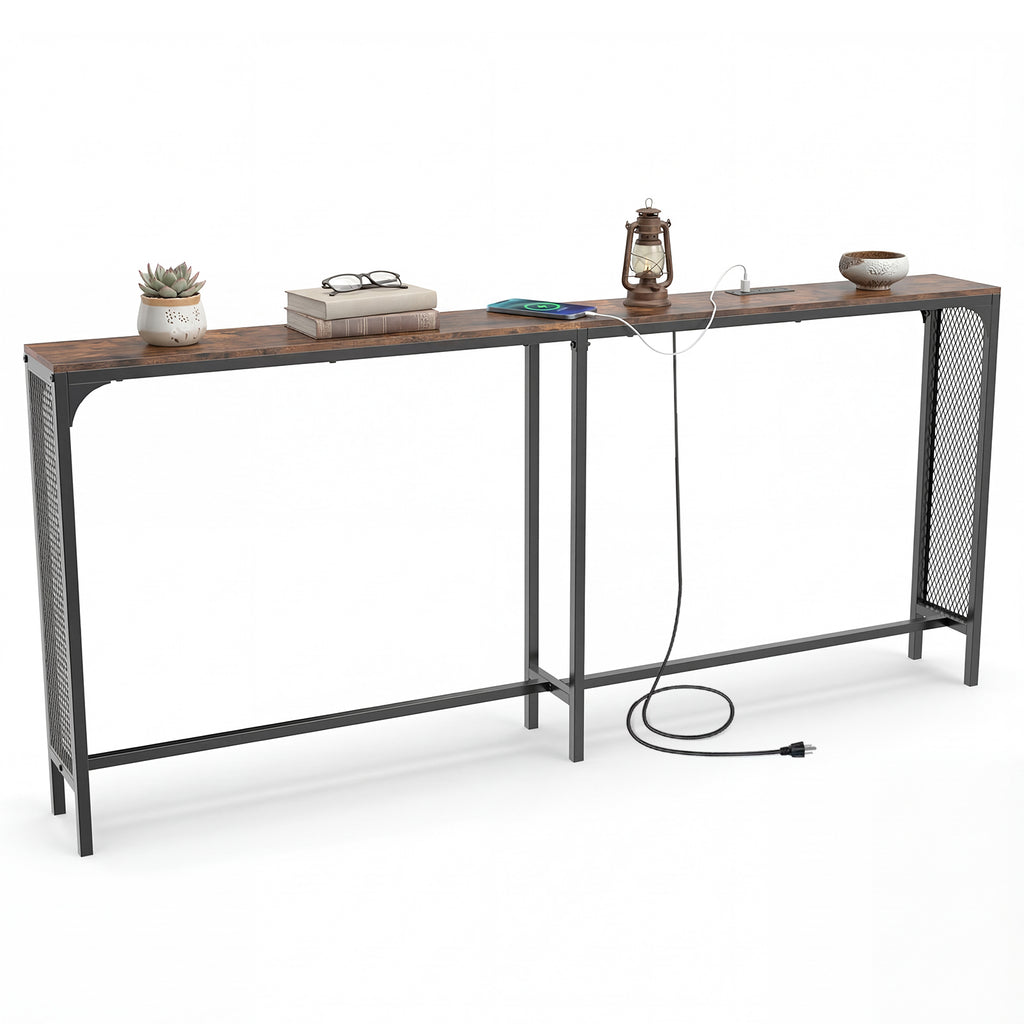 71 Inch Narrow Console Table with Power Outlet, Rustic Brown