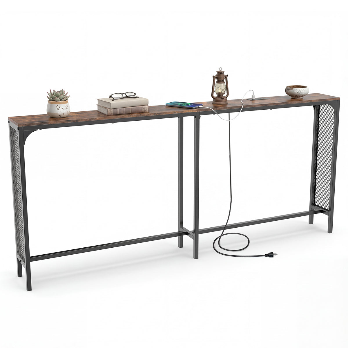 71 Inch Narrow Console Table with Power Outlet, Rustic Brown