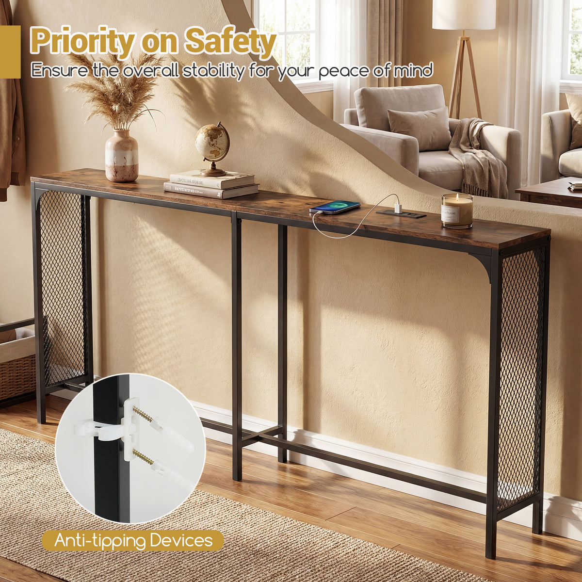 71 Inch Narrow Console Table with Power Outlet, Rustic Brown