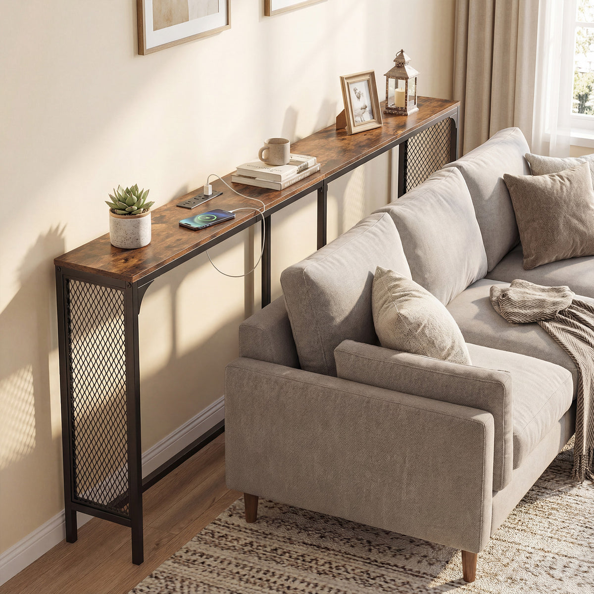 71 Inch Narrow Console Table with Power Outlet, Rustic Brown