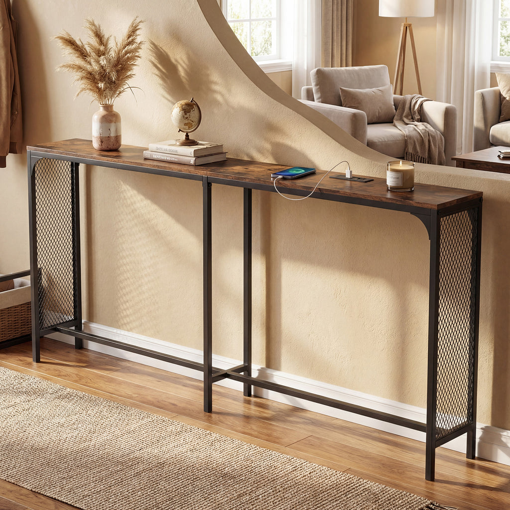 71 Inch Narrow Console Table with Power Outlet, Rustic Brown