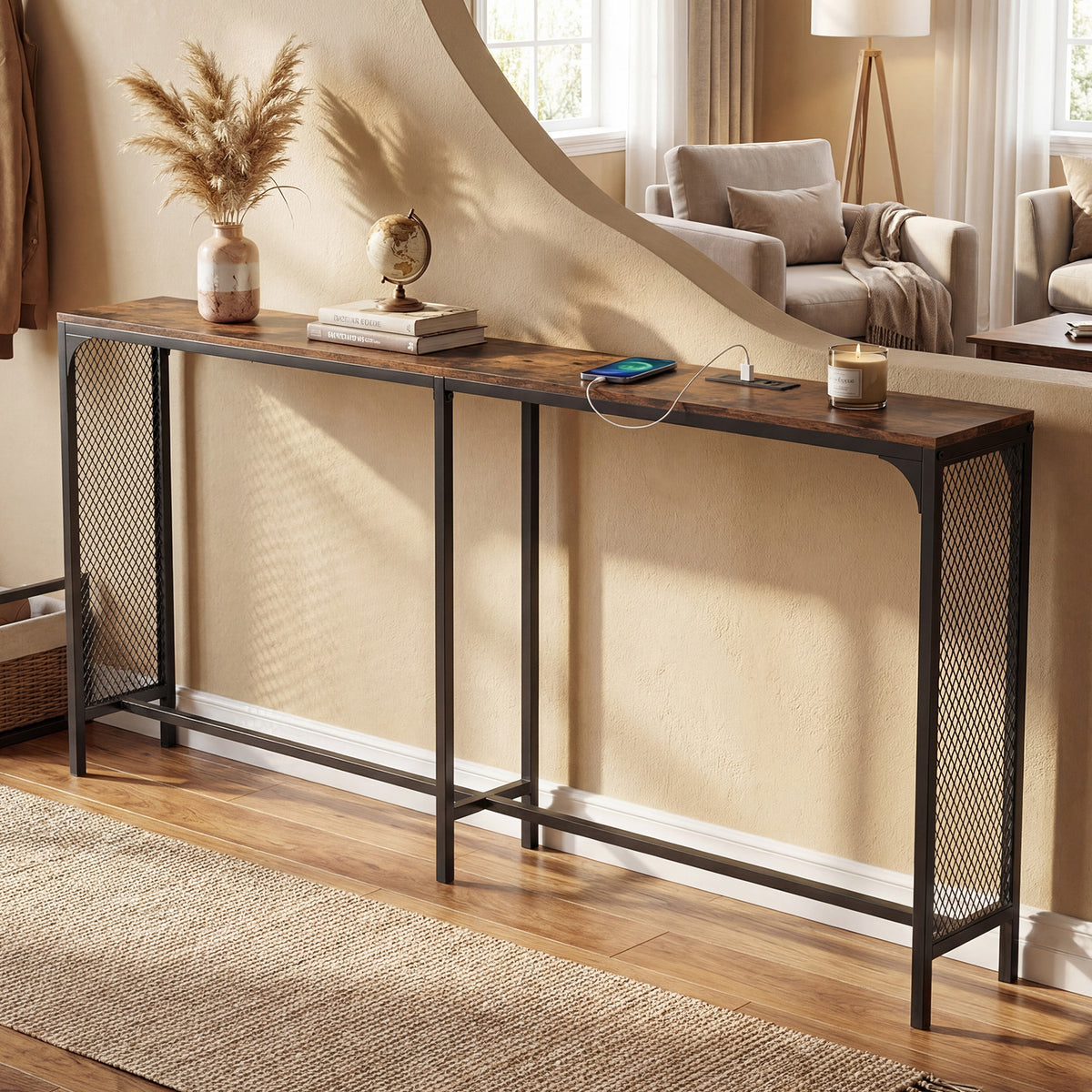 71 Inch Narrow Console Table with Power Outlet, Rustic Brown
