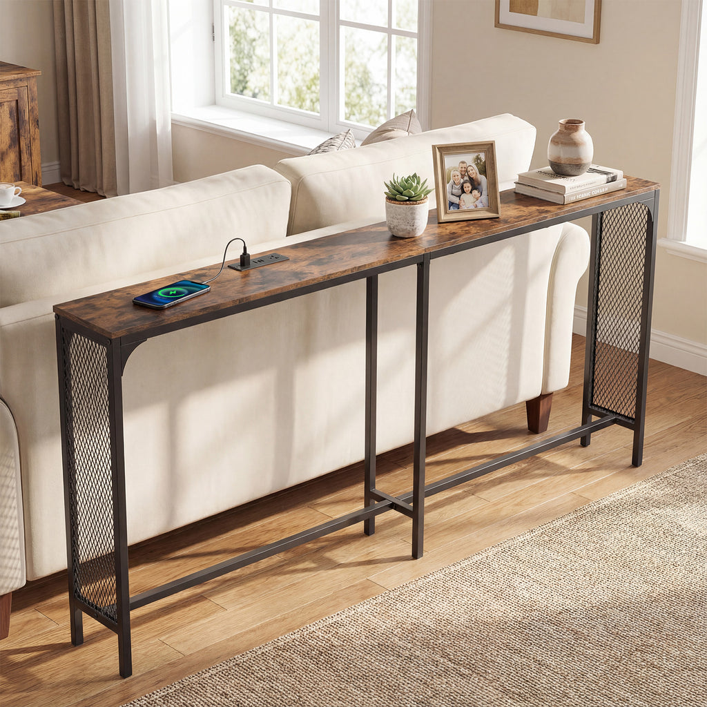 71 Inch Narrow Console Table with Power Outlet, Rustic Brown