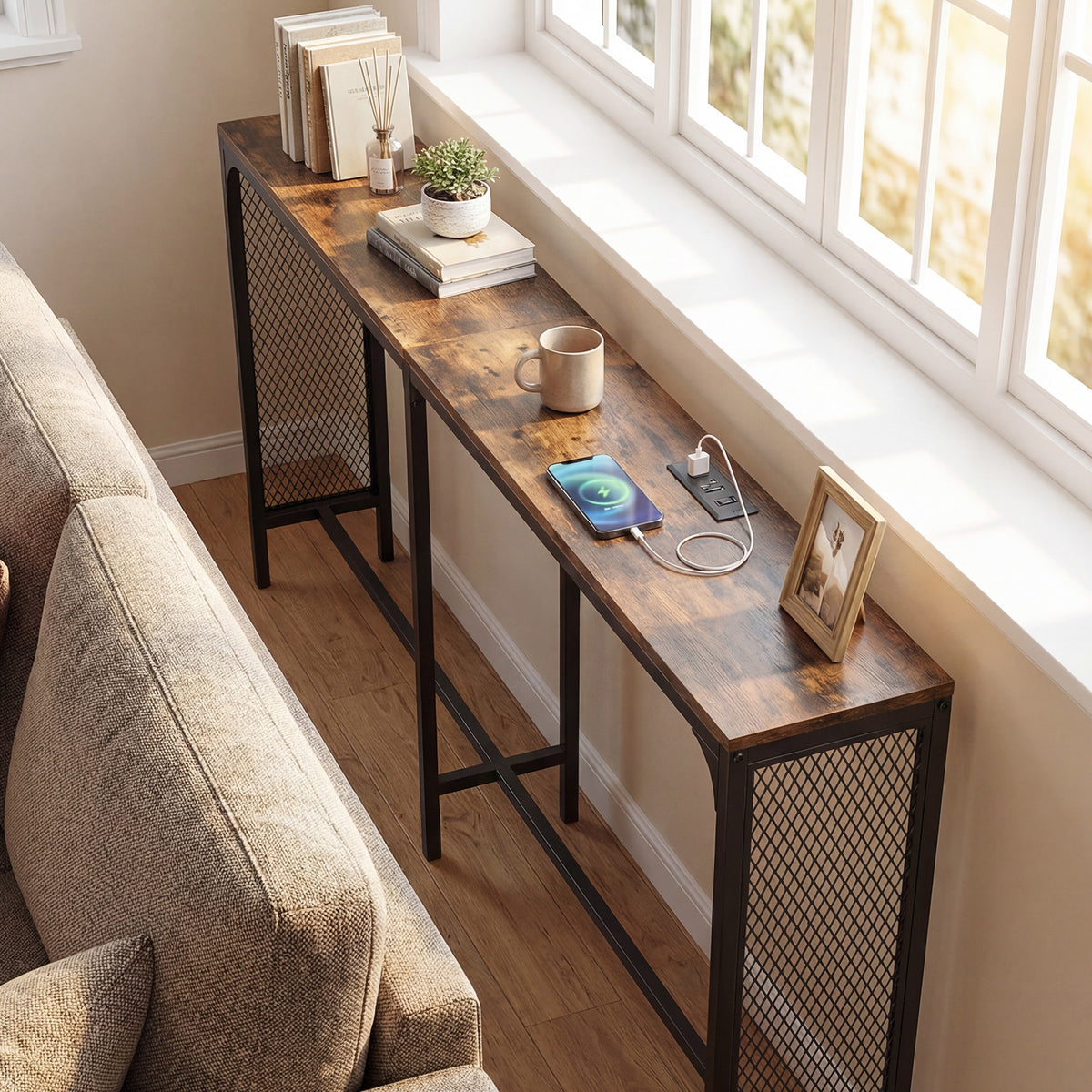 71 Inch Narrow Console Table with Power Outlet, Rustic Brown