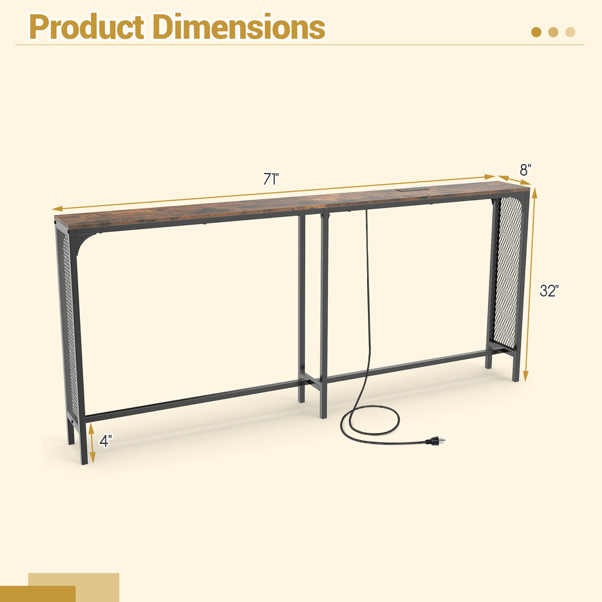 71 Inch Narrow Console Table with Power Outlet, Rustic Brown