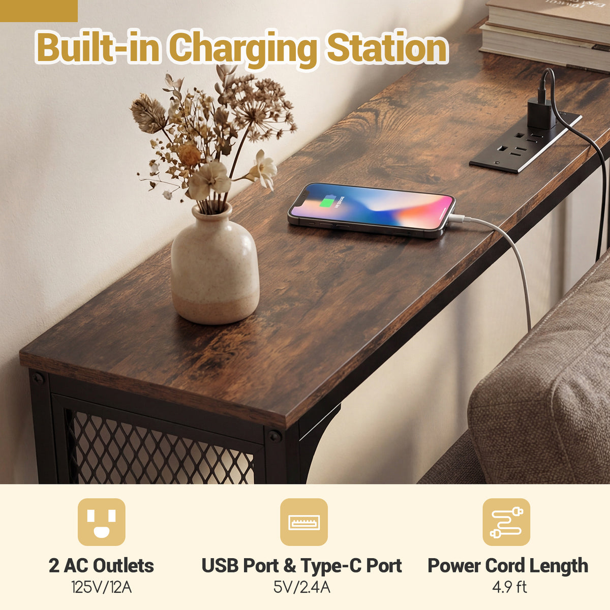 71 Inch Narrow Console Table with Power Outlet, Rustic Brown