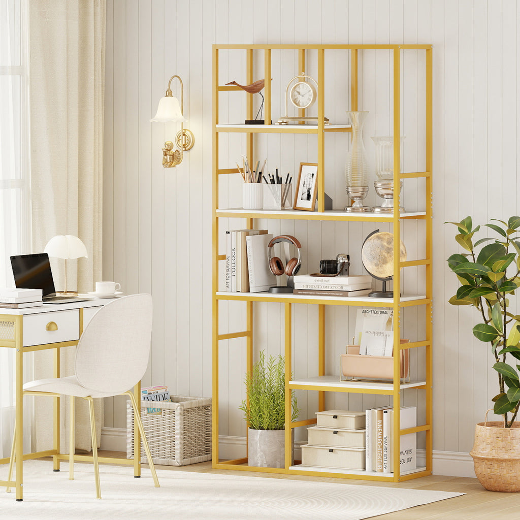 71 Inch Tall Bookshelf Metal Frame 5-Tier Geometric Bookcase