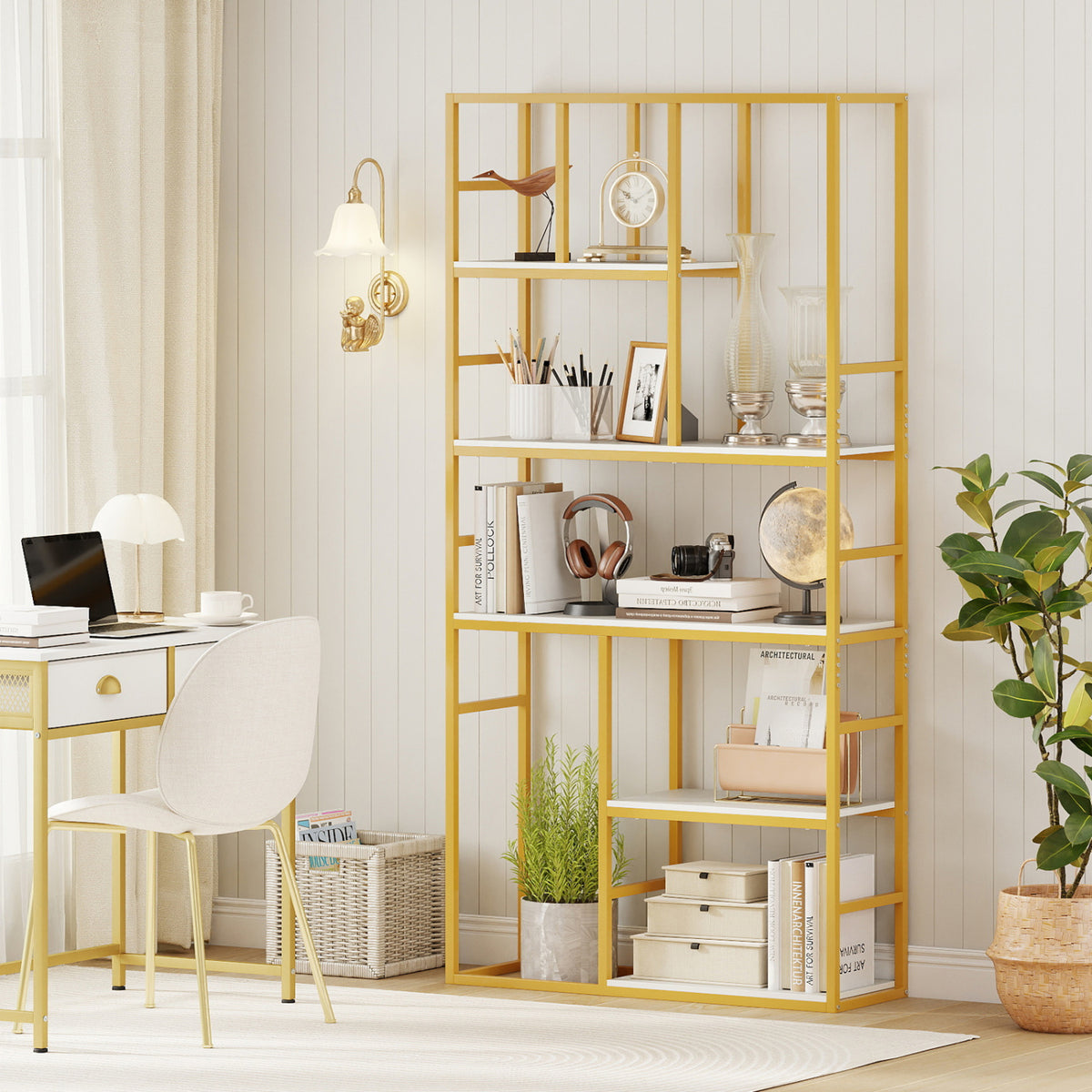 71 Inch Tall Bookshelf Metal Frame 5-Tier Geometric Bookcase