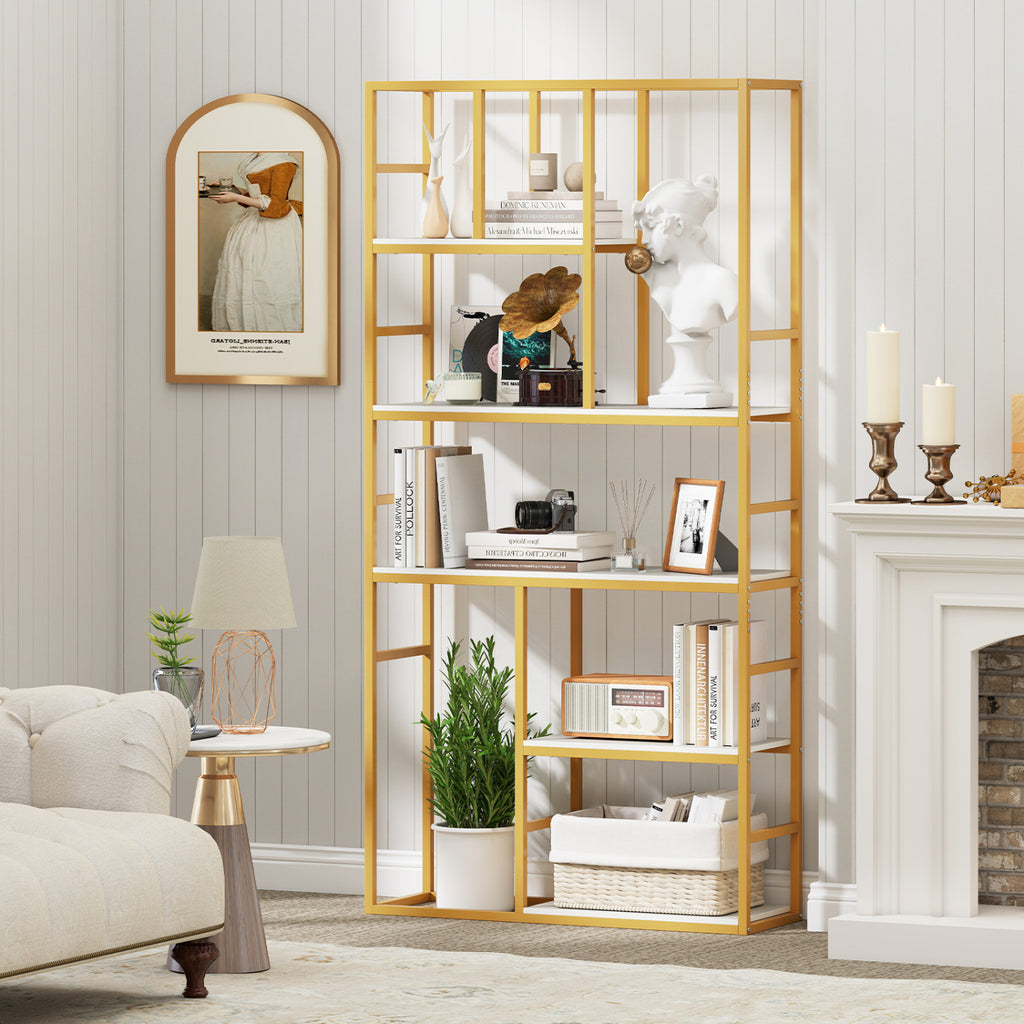 71 Inch Tall Bookshelf Metal Frame 5-Tier Geometric Bookcase