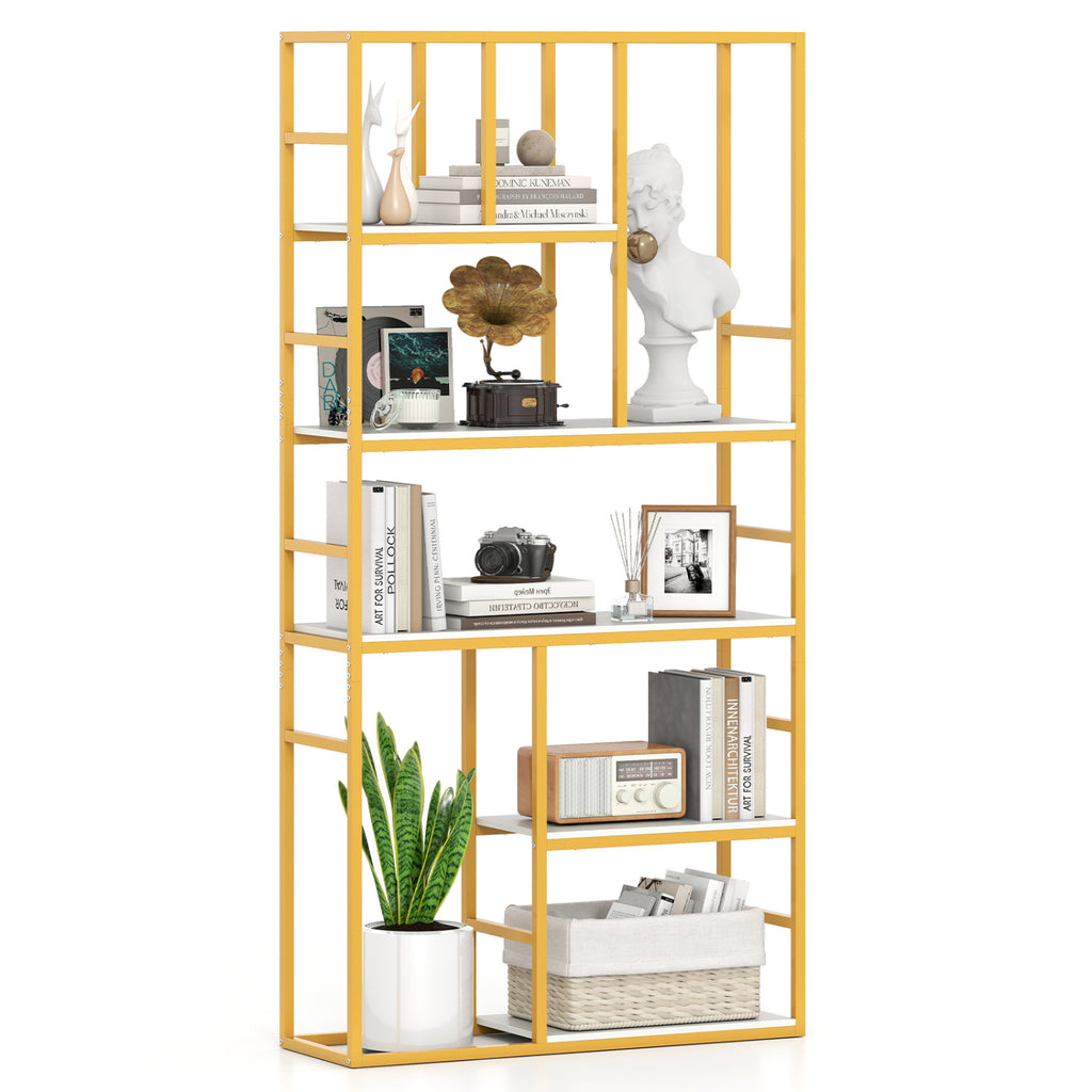 71 Inch Tall Bookshelf Metal Frame 5-Tier Geometric Bookcase