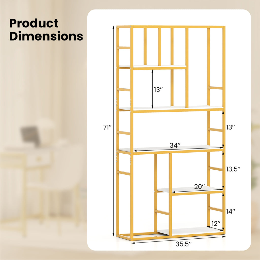 71 Inch Tall Bookshelf Metal Frame 5-Tier Geometric Bookcase