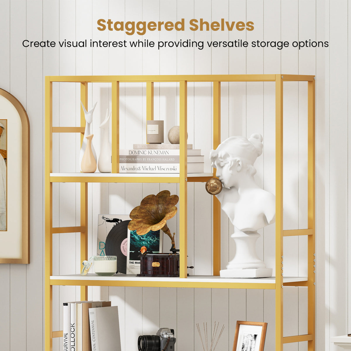 71 Inch Tall Bookshelf Metal Frame 5-Tier Geometric Bookcase