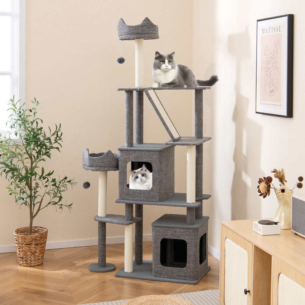 Gray 71 Inch Tall Multi-Level Cat Tree Tower with Scratching Posts and Condos