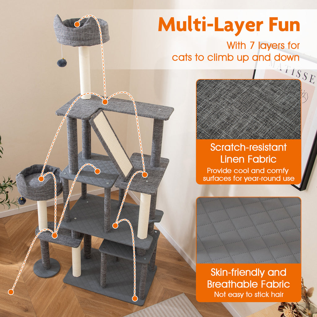 Gray 71 Inch Tall Multi-Level Cat Tree Tower with Scratching Posts and Condos