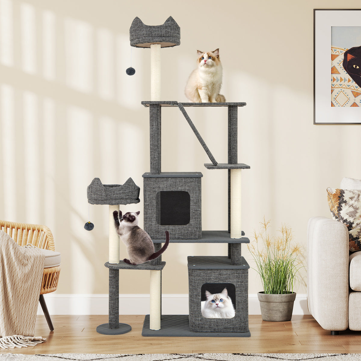 Gray 71 Inch Tall Multi-Level Cat Tree Tower with Scratching Posts and Condos