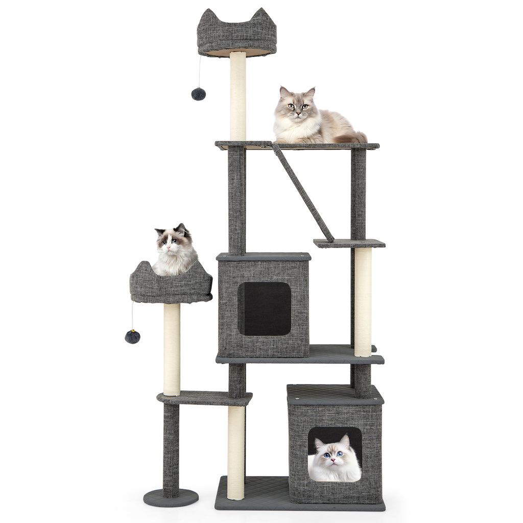 Gray 71 Inch Tall Multi-Level Cat Tree Tower with Scratching Posts and Condos
