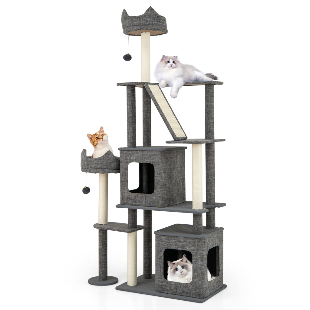 Gray 71 Inch Tall Multi-Level Cat Tree Tower with Scratching Posts and Condos