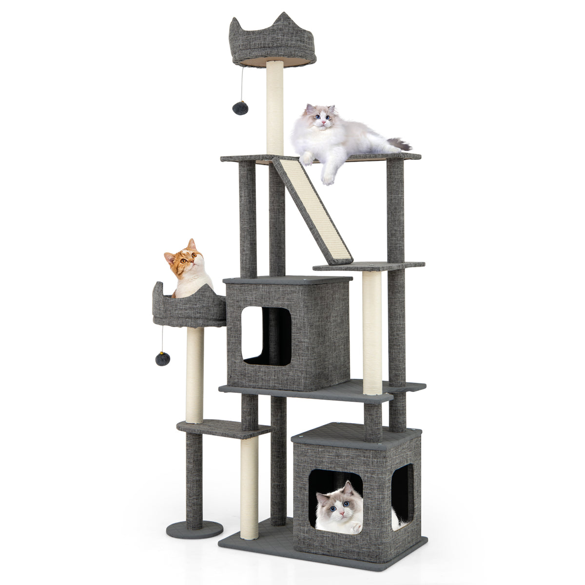 Gray 71 Inch Tall Multi-Level Cat Tree Tower with Scratching Posts and Condos