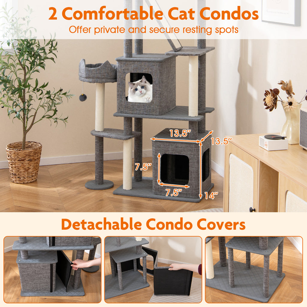 Gray 71 Inch Tall Multi-Level Cat Tree Tower with Scratching Posts and Condos
