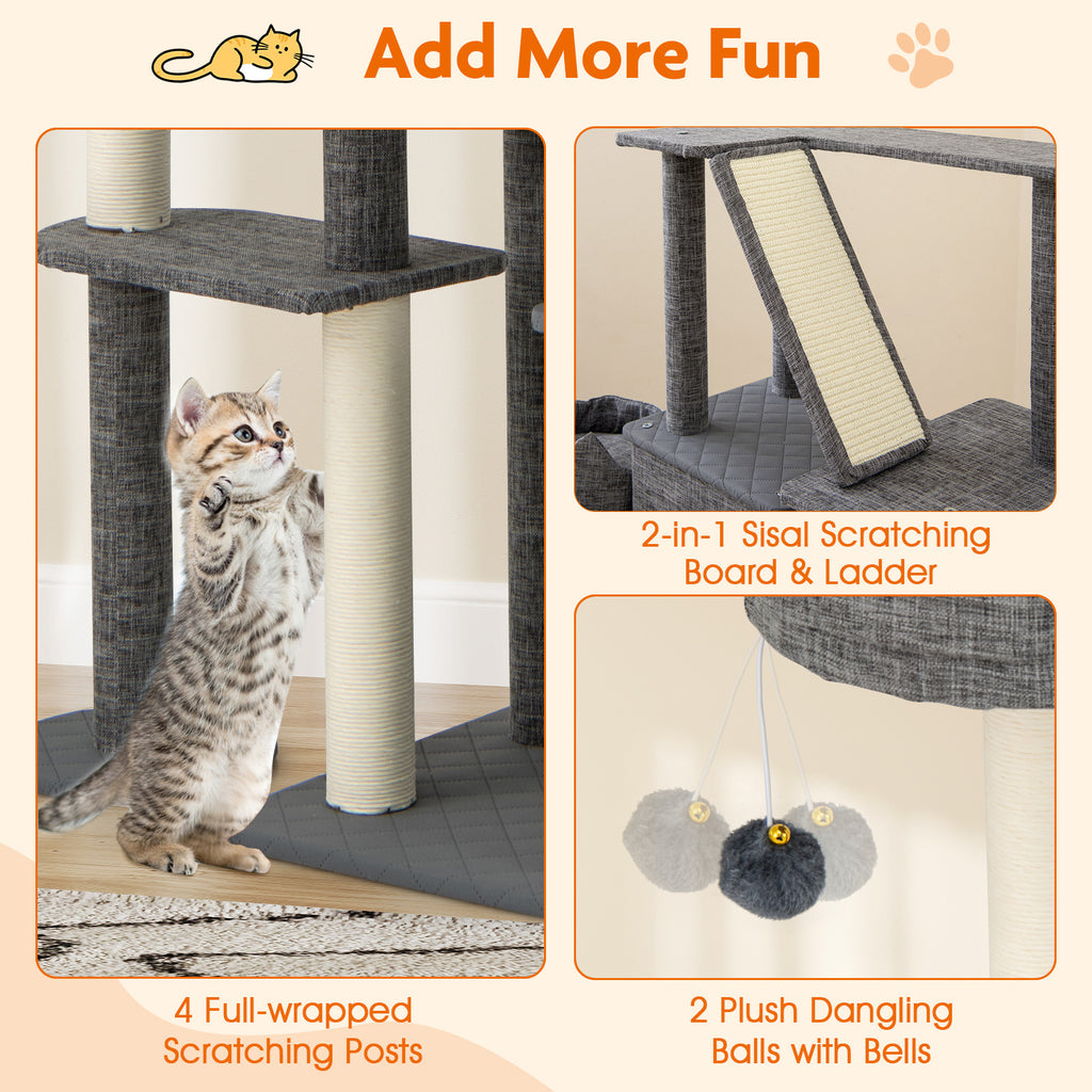 Gray 71 Inch Tall Multi-Level Cat Tree Tower with Scratching Posts and Condos